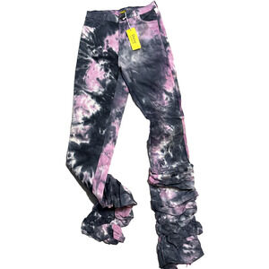Tie Dye Ruched Stacked Jeans Women's 1X Pink Blue White Y2K Festival